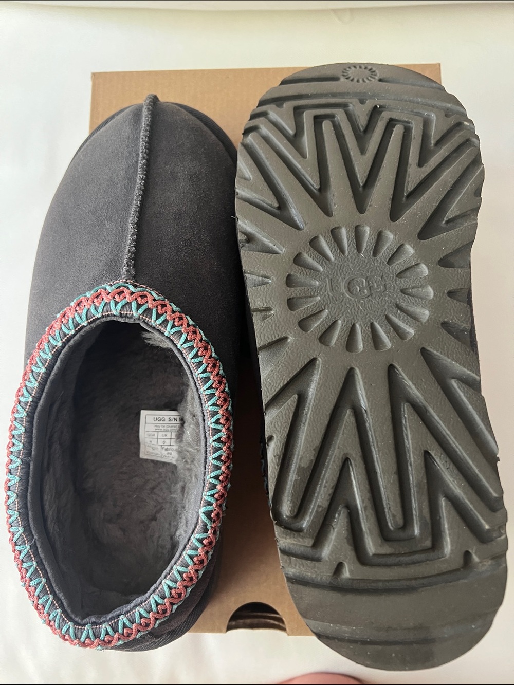 UGG Women's Tasman Charcoal Suede Slip-On Slipper with Multicolor Trim
